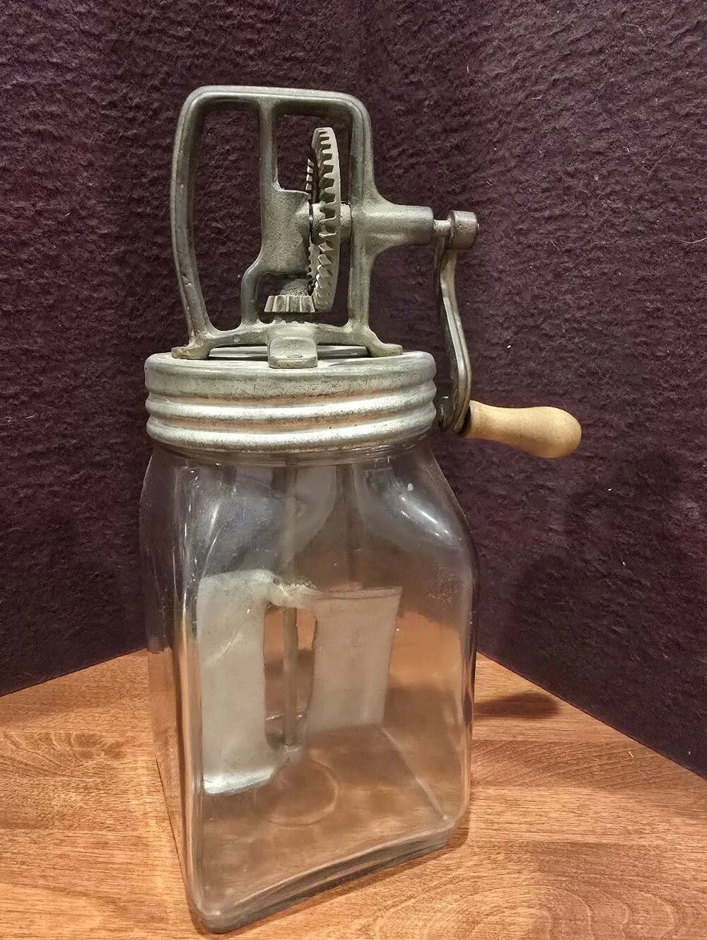 Antique 2 Qt Square Jar Butter Churn Wooden Handle Metal Paddle